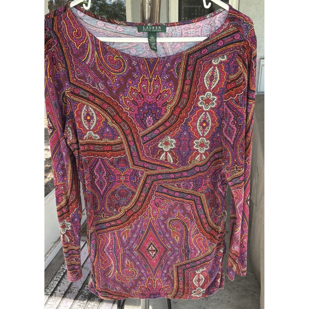 Ralph Lauren Large Pullover Long Sleeve Ruched Sides Purple Pink Paisley Preppy - Picture 6 of 7
